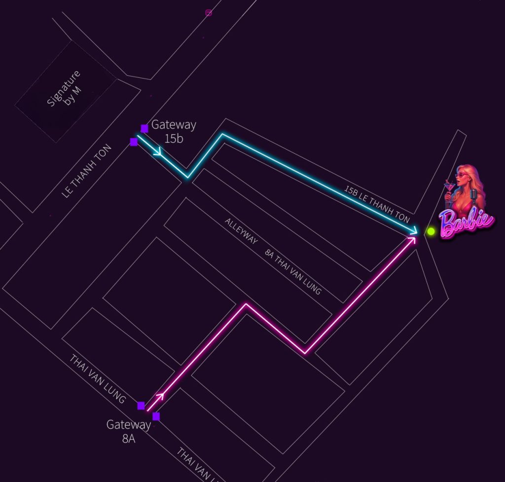 Hand-drawn neon route map of the 15B alley off Le Thanh Ton, showing both gateways to Barbie Bar.